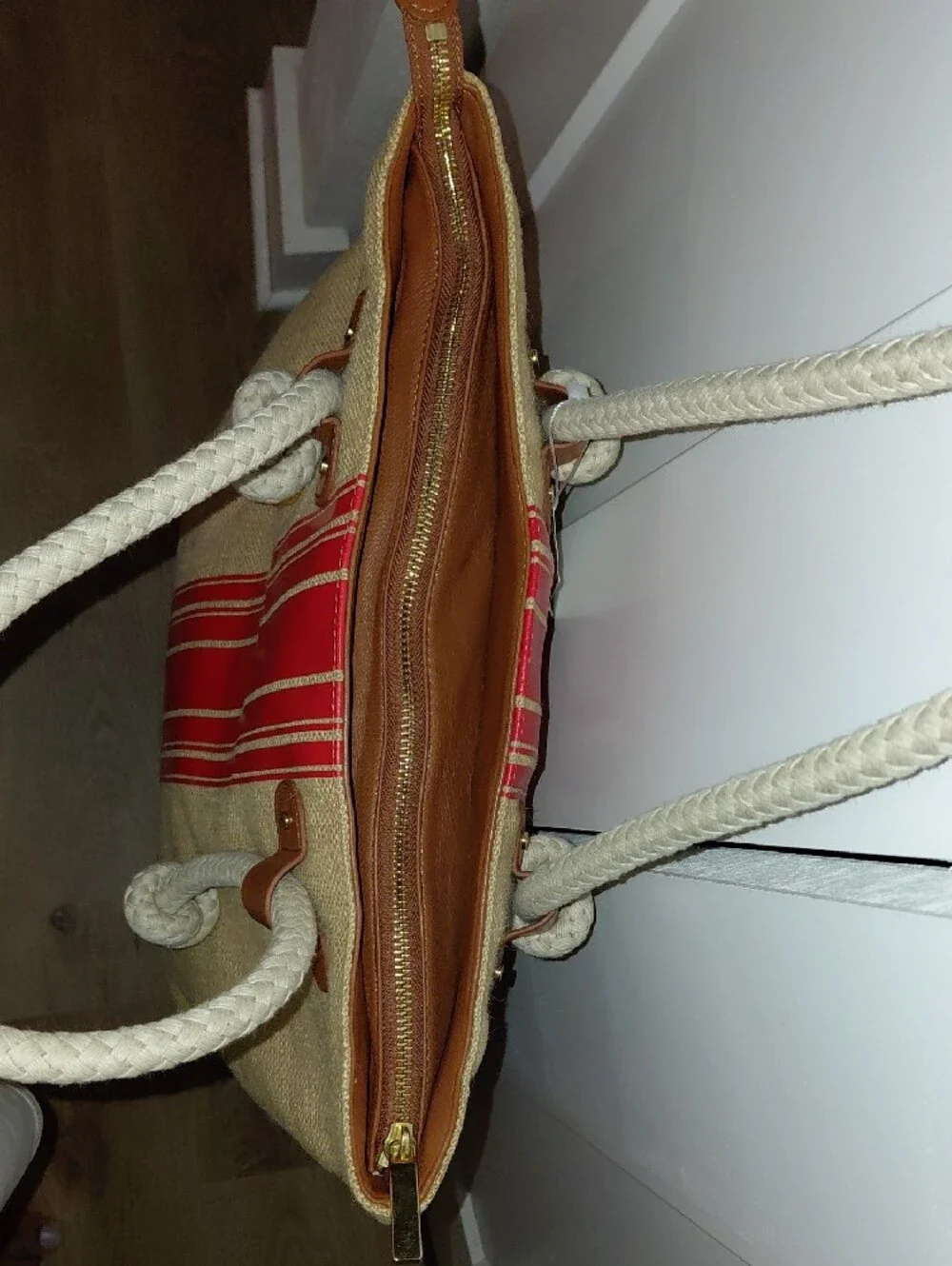 (Rare)Tory Burch Beige Canvas Tote with Red Stripe and Logo